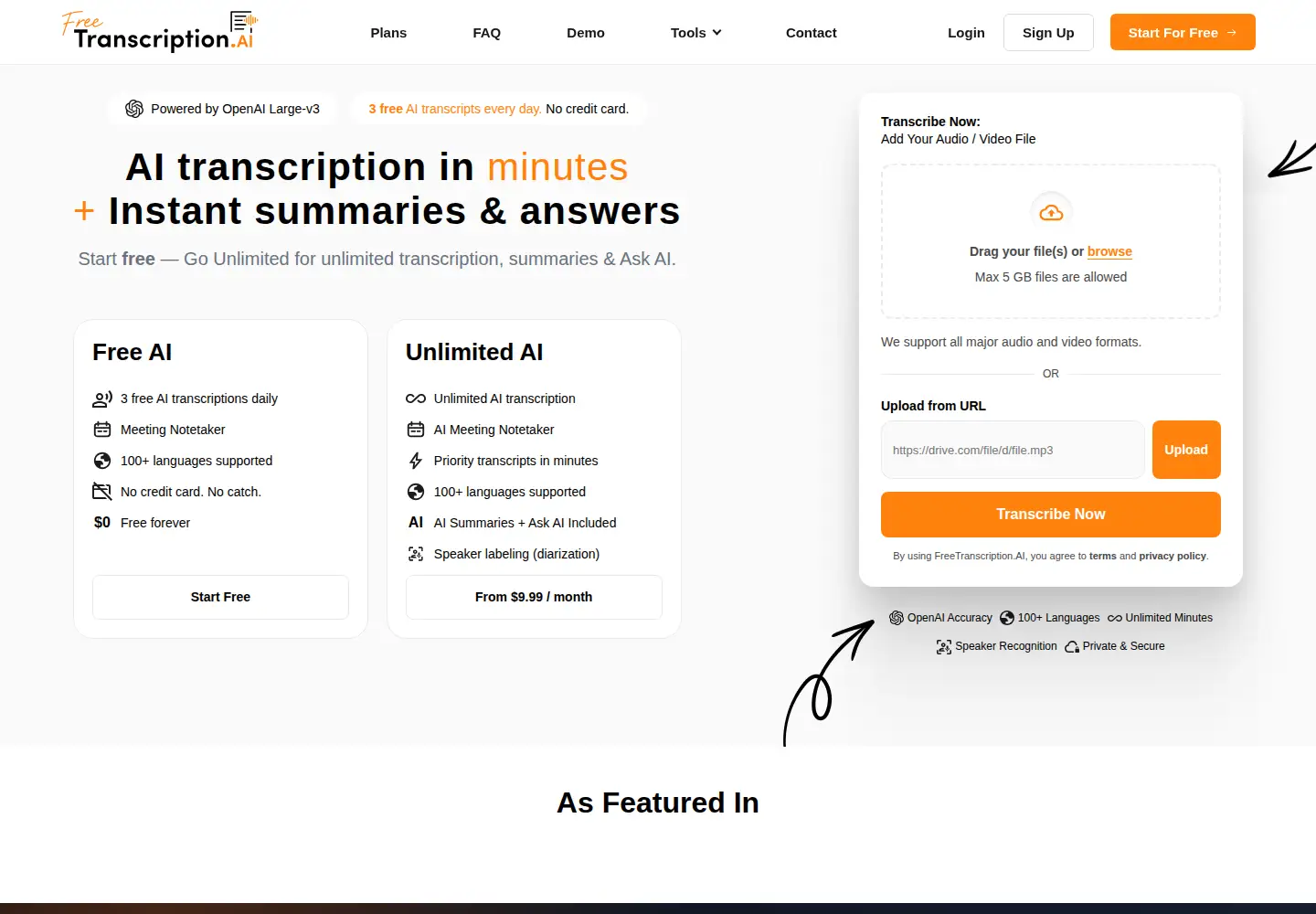 Captured homepage of freetranscription.ai in the current scan