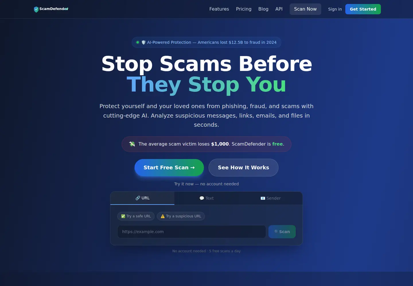Captured homepage of scamdefender.ai in the current scan