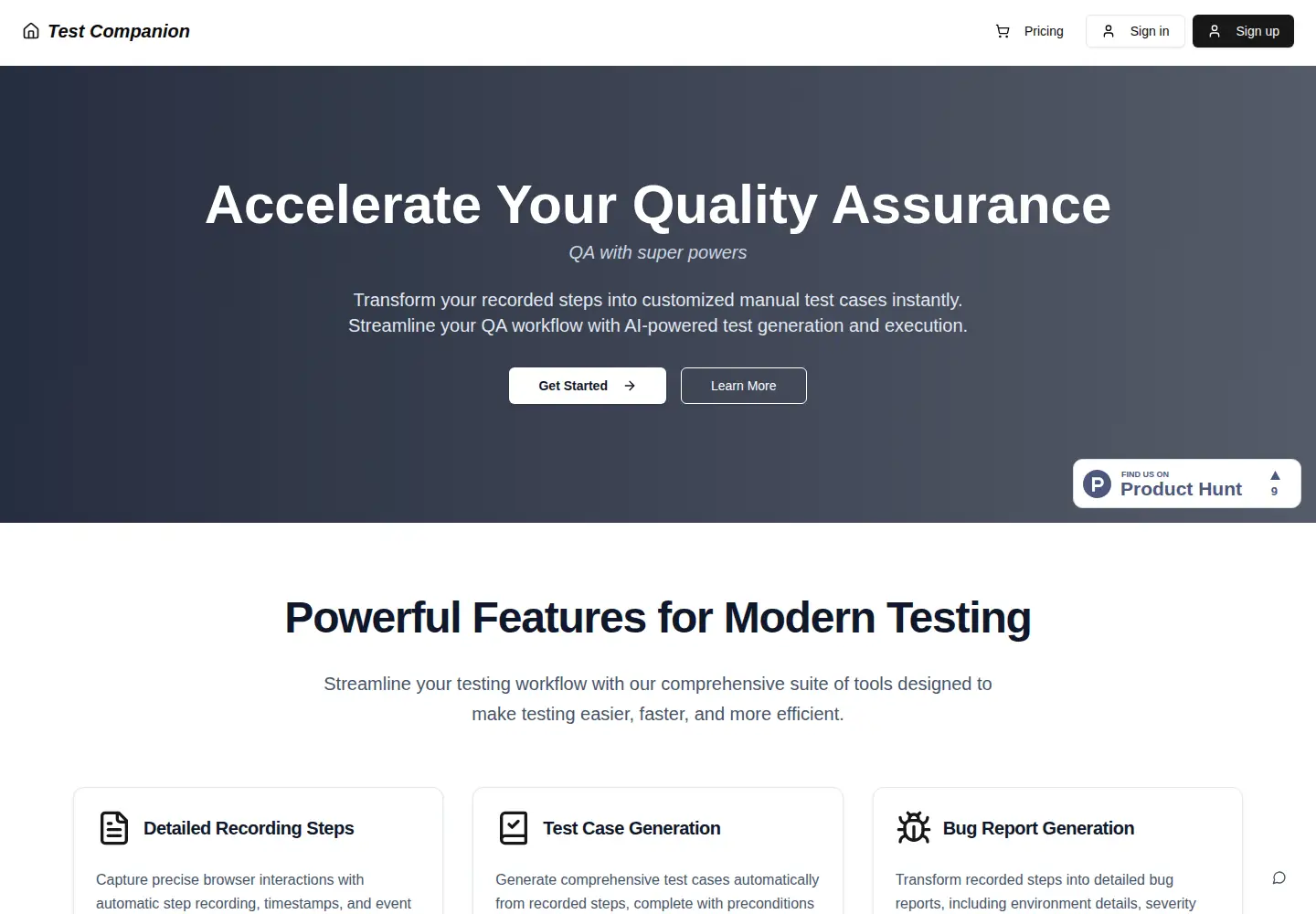 Captured homepage of testcompanion.ai in the current scan