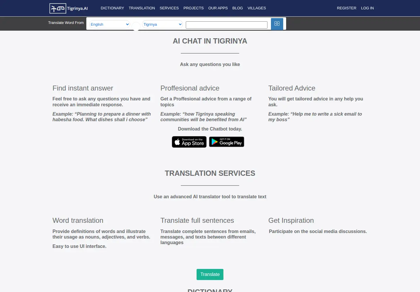 Captured homepage of tigrinya.ai in the current scan