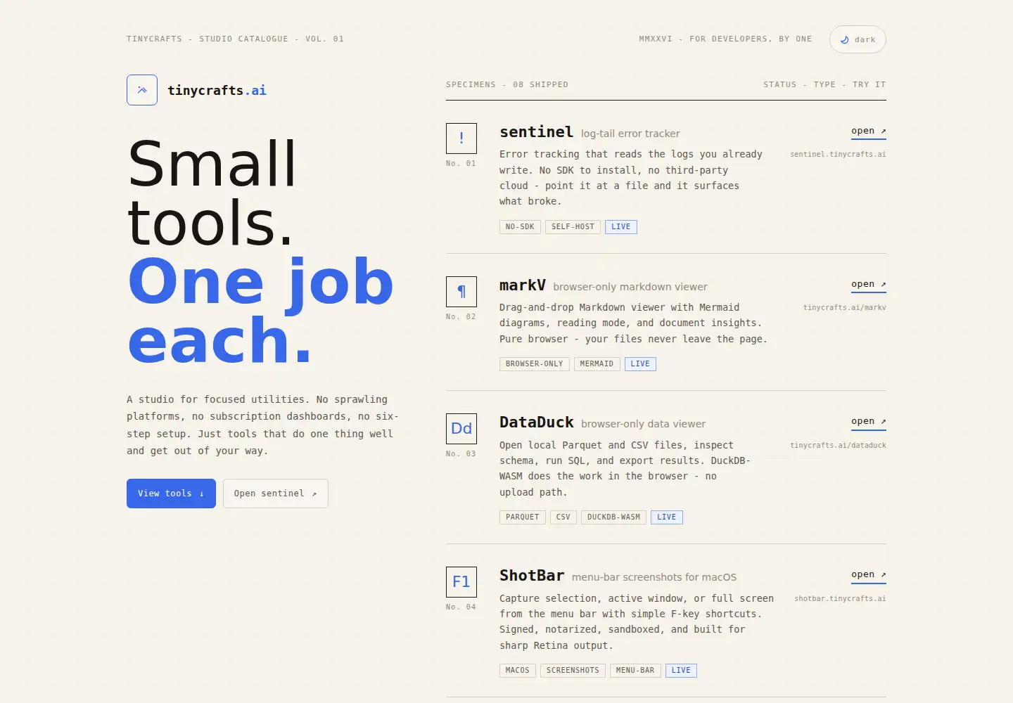 Captured homepage of tinycrafts.ai in the current scan