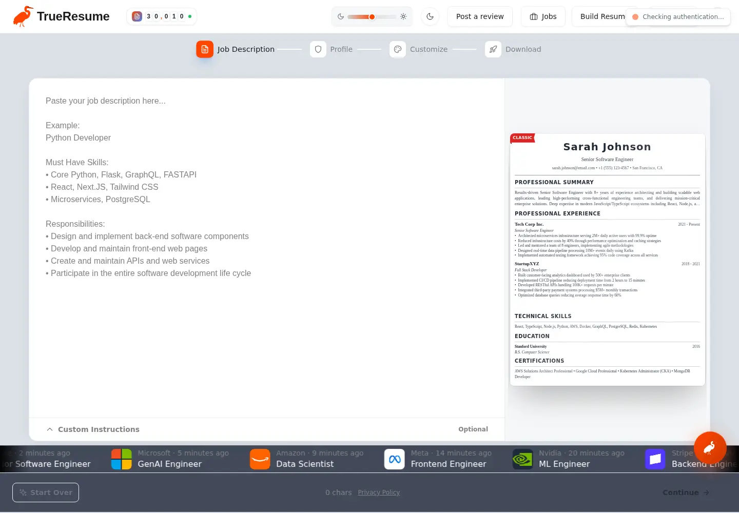 Screenshot of trueresume.ai