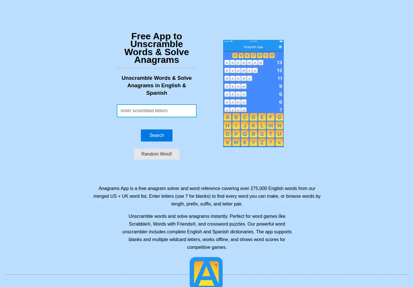 Captured homepage of anagrams.app in the current scan