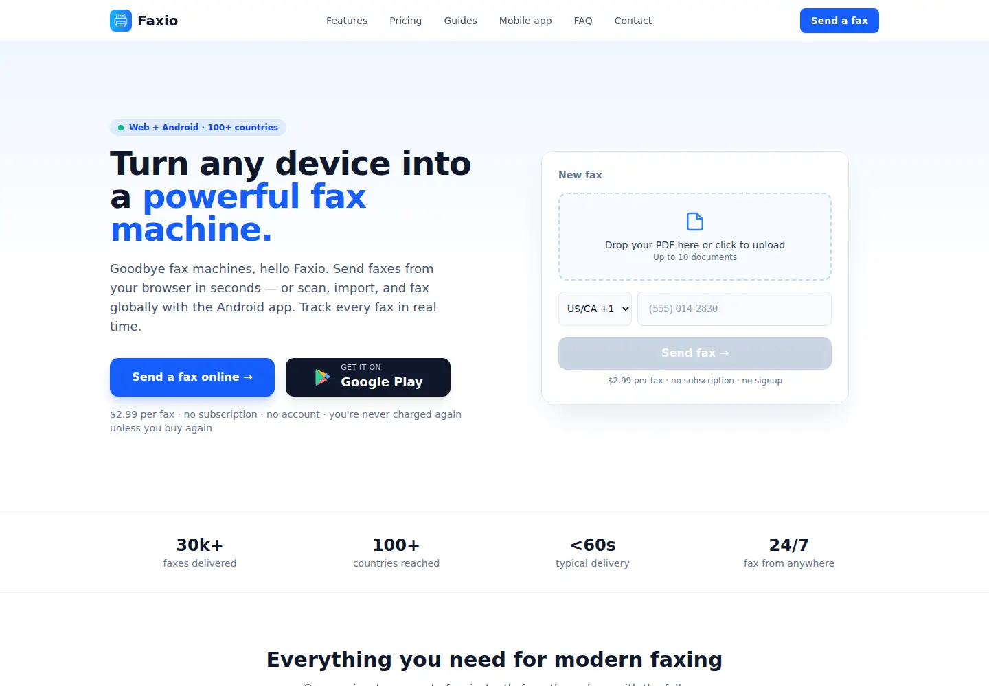 Captured homepage of faxio.app in the current scan