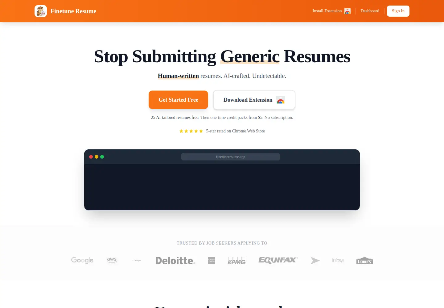 Captured homepage of finetuneresume.app in the current scan
