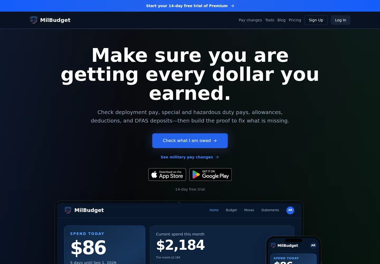 Captured homepage of milbudget.app in the current scan