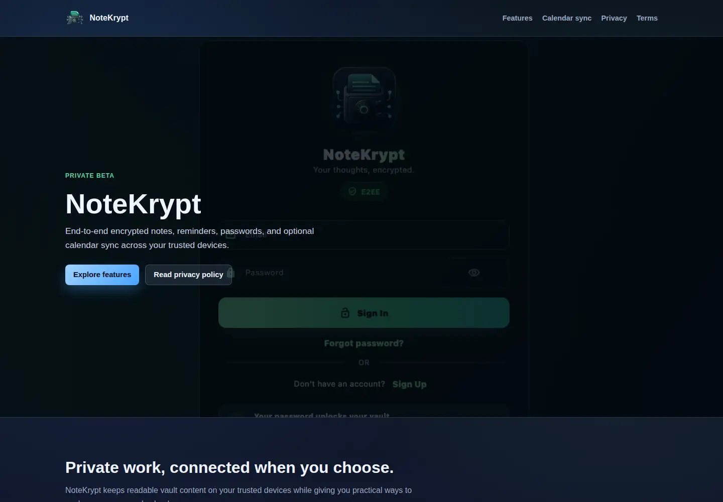 Captured homepage of notekrypt.app in the current scan