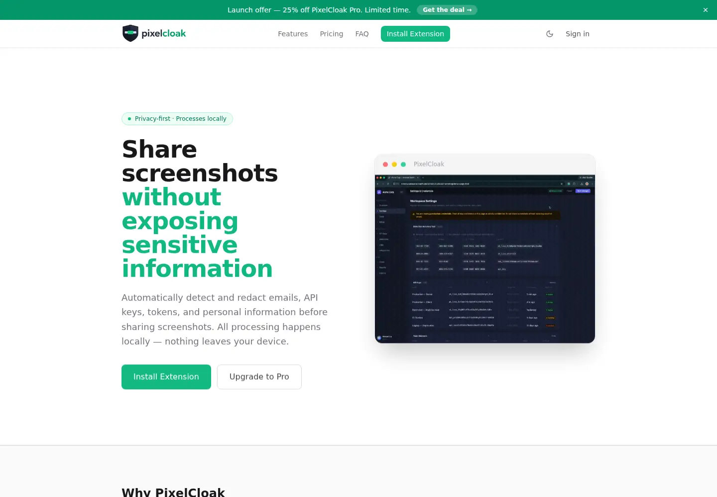 Captured homepage of pixelcloak.app in the current scan