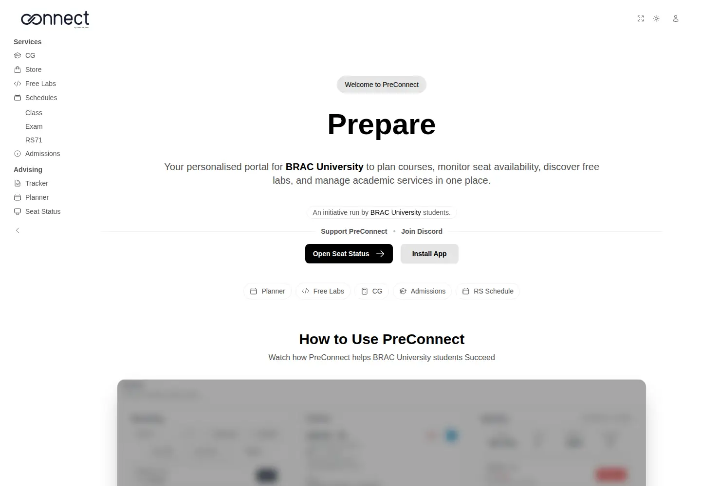 Captured homepage of preconnect.app in the current scan