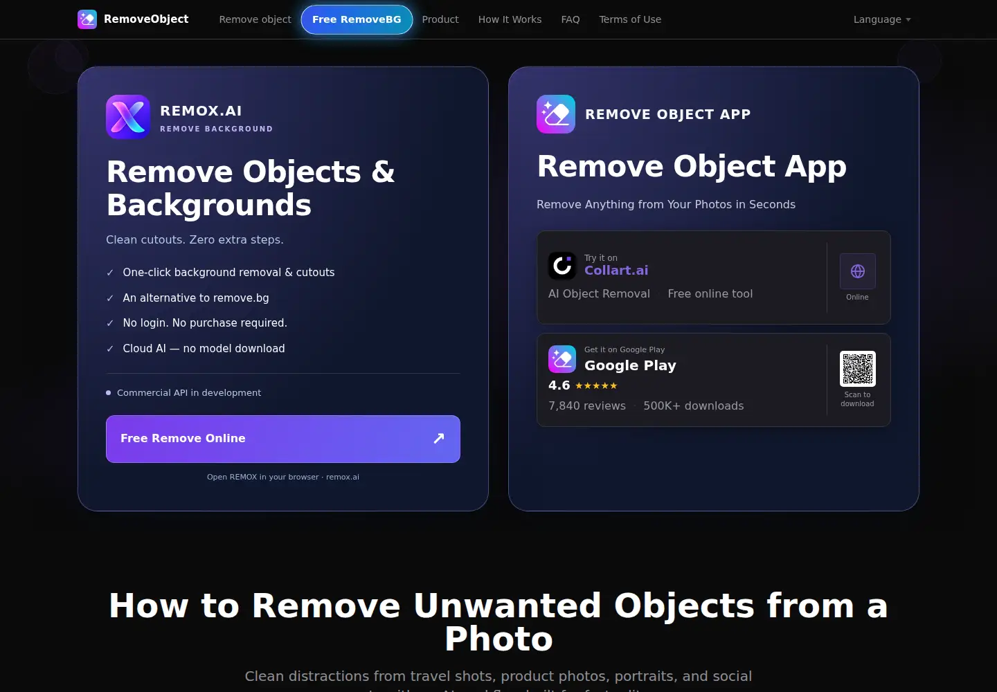 Captured homepage of removeobject.app in the current scan