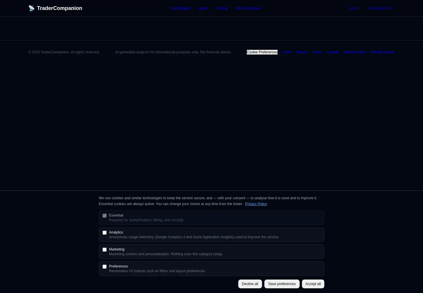 Captured homepage of tradercompanion.app in the current scan