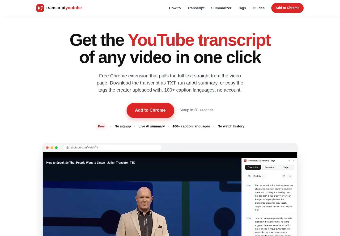 Screenshot of transcriptyoutube.app