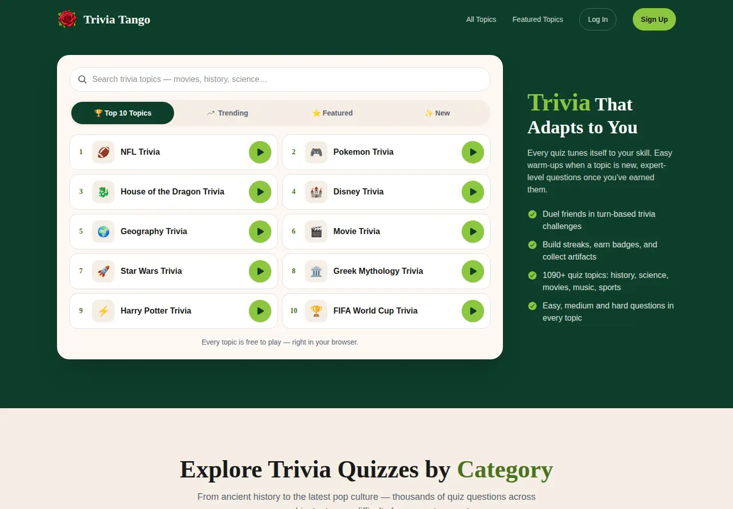 Captured homepage of triviatango.app in the current scan