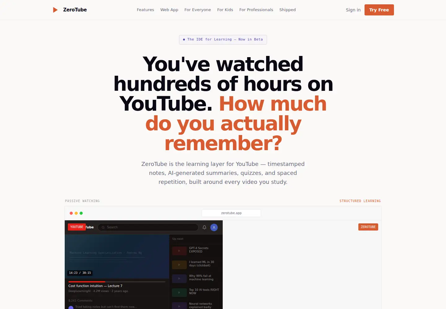 Captured homepage of zerotube.app in the current scan