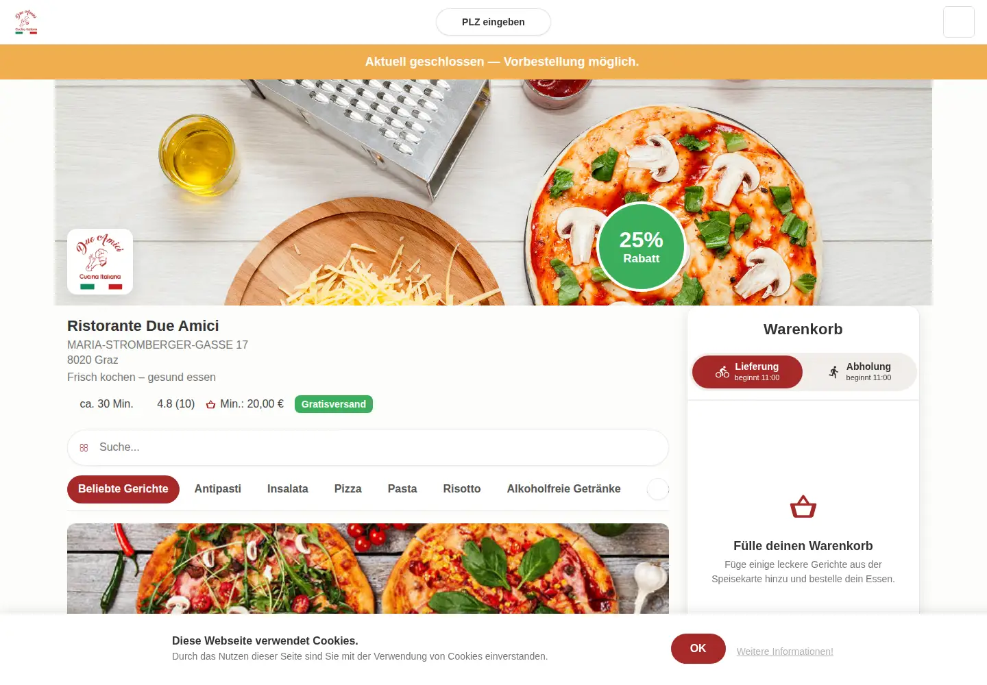 Captured homepage of dueamici-pizzeria.at in the current scan