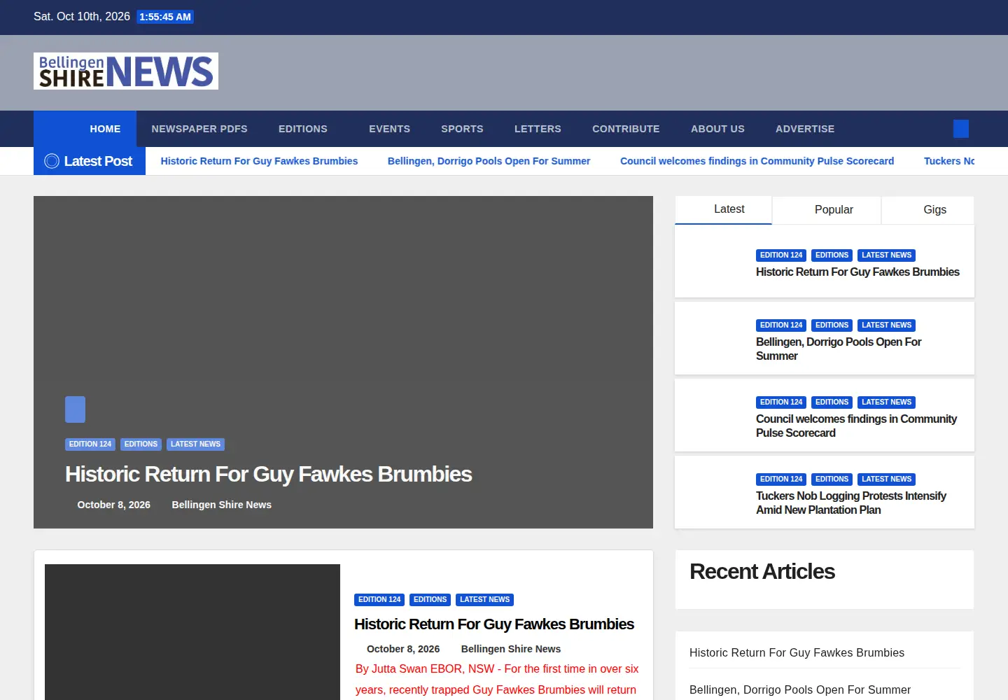 Screenshot of bellingenshirenews.com.au