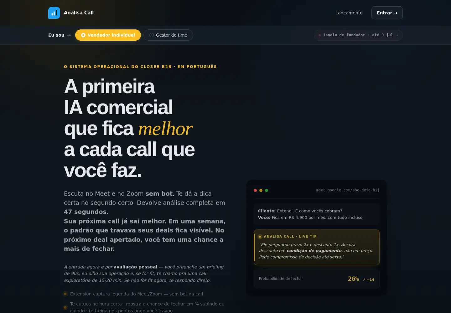 Captured homepage of analisacall.com.br in the current scan