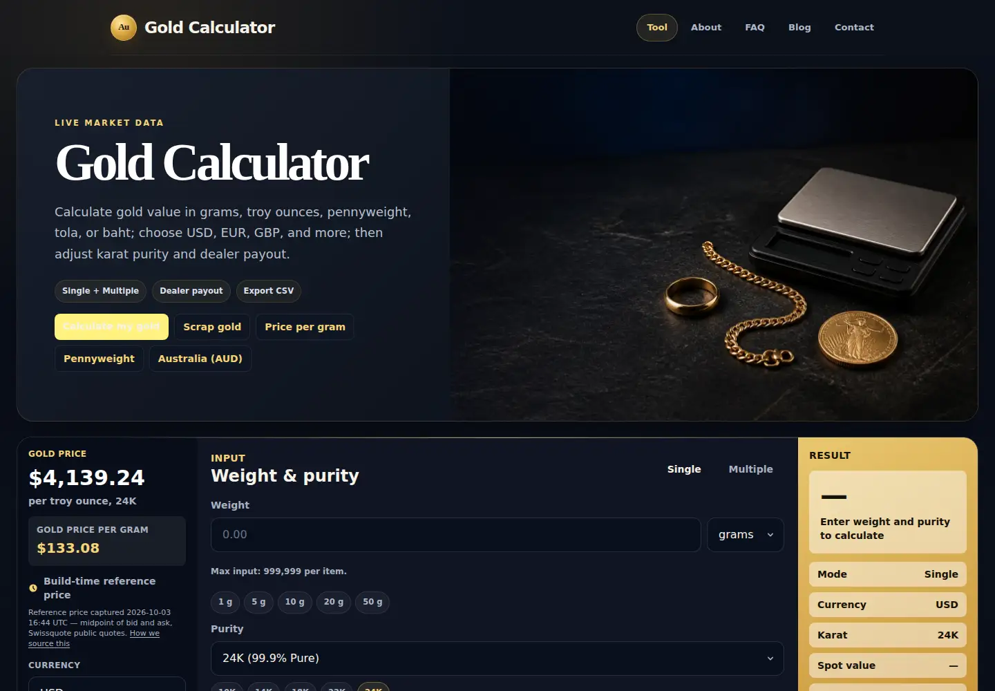 Captured homepage of goldcalculator.co in the current scan