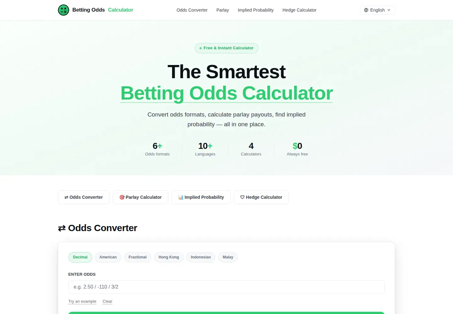 Captured homepage of betting-odds-calculator.com in the current scan