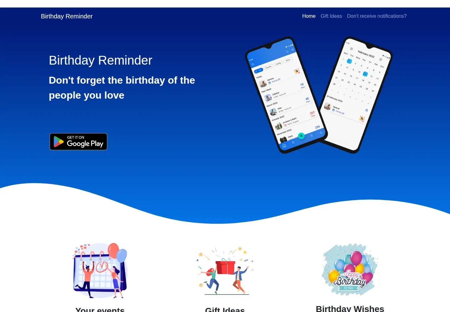 Captured homepage of birthdayreminderapp.com in the current scan