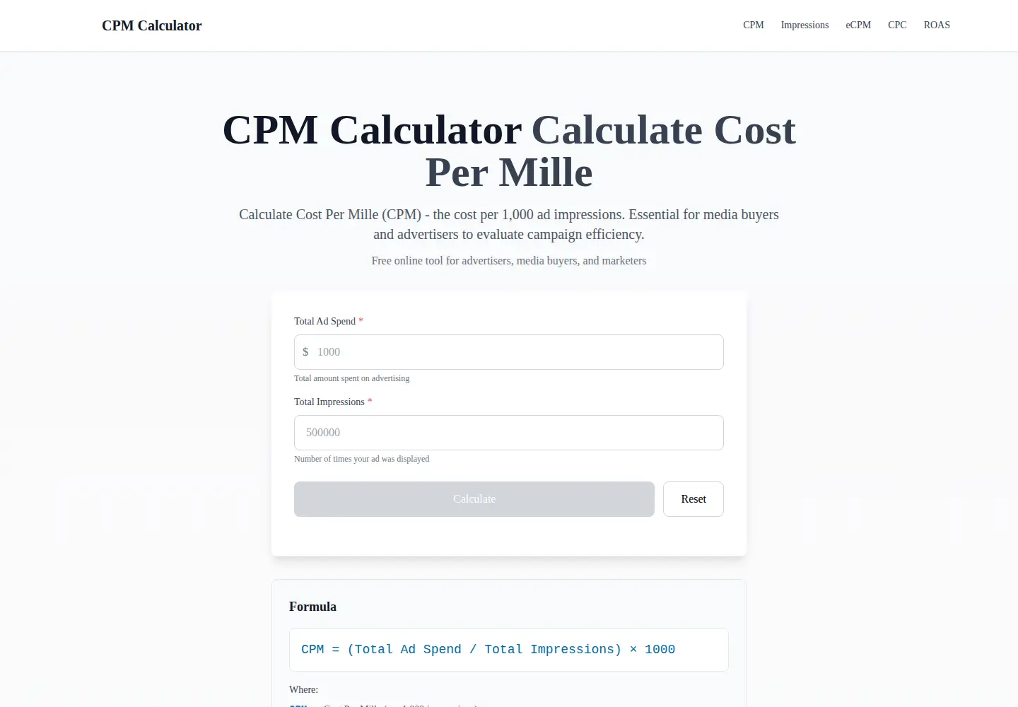 Screenshot of cpmcalculatorai.com