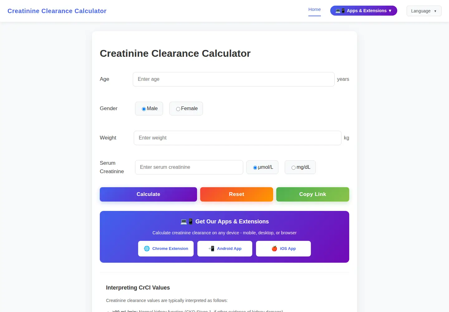 Screenshot of creatinineclearance.com