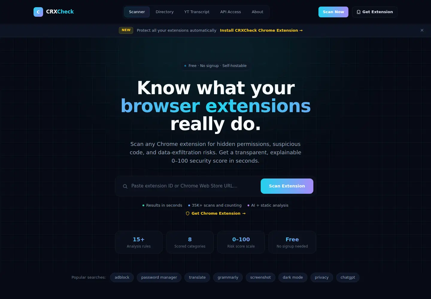 Captured homepage of crxcheck.com in the current scan