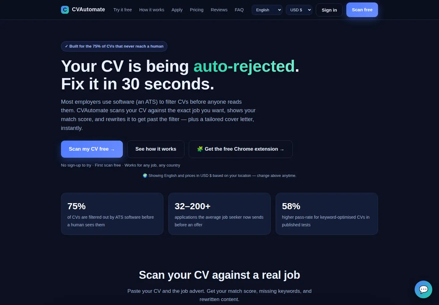 Captured homepage of cvautomate.com in the current scan