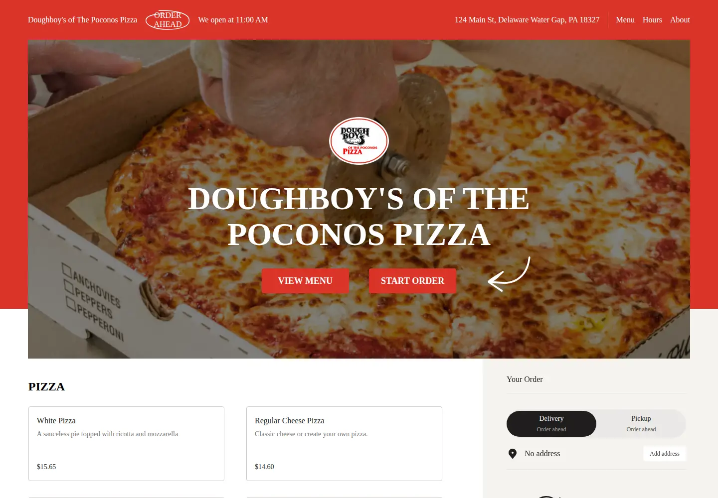 Captured homepage of doughboyspoconospizza.com in the current scan