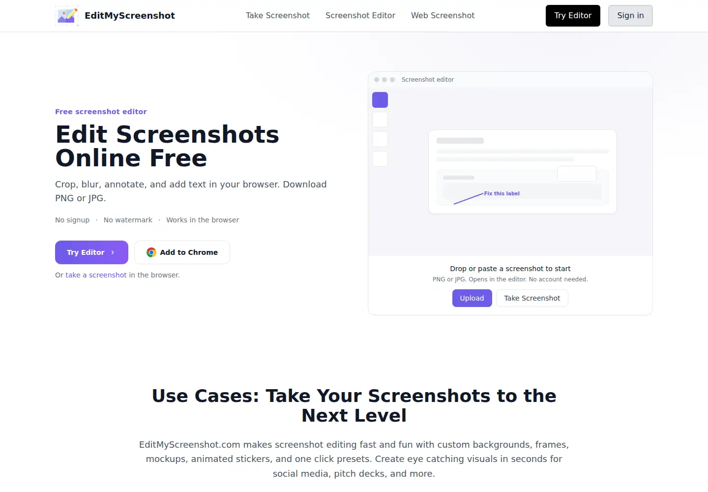 Captured homepage of editmyscreenshot.com in the current scan
