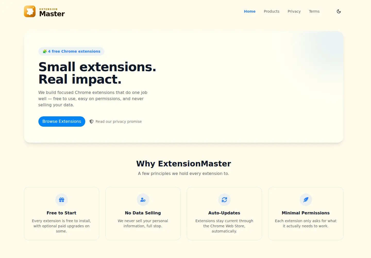 Captured homepage of extensionmaster.com in the current scan