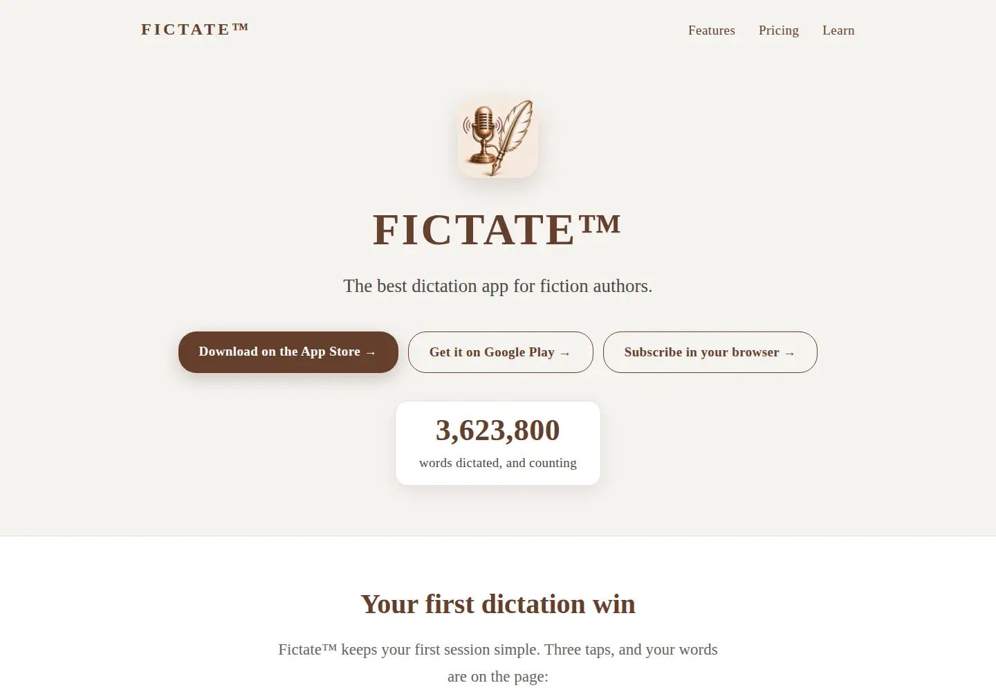 Captured homepage of fictateapp.com in the current scan