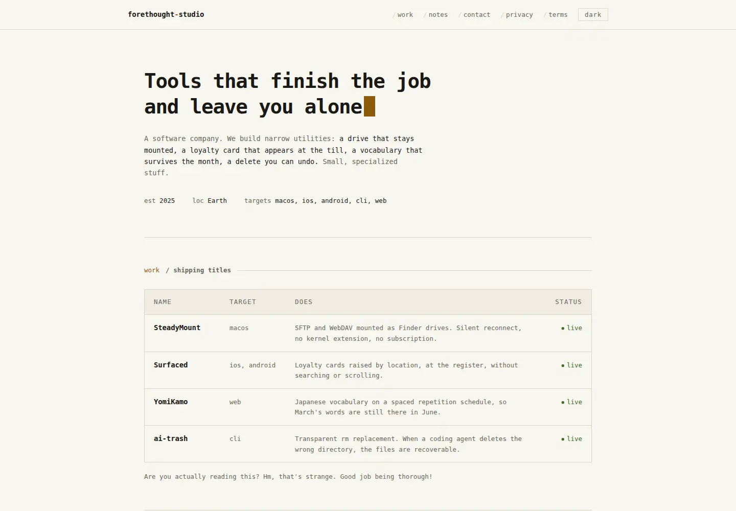 Captured homepage of forethought-studio.com in the current scan