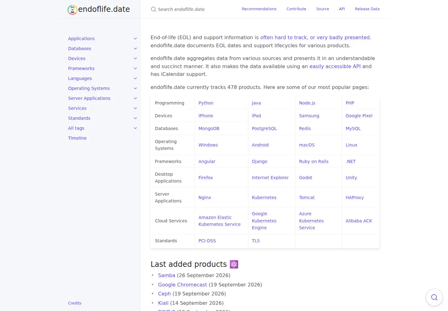 Screenshot of endoflife.date