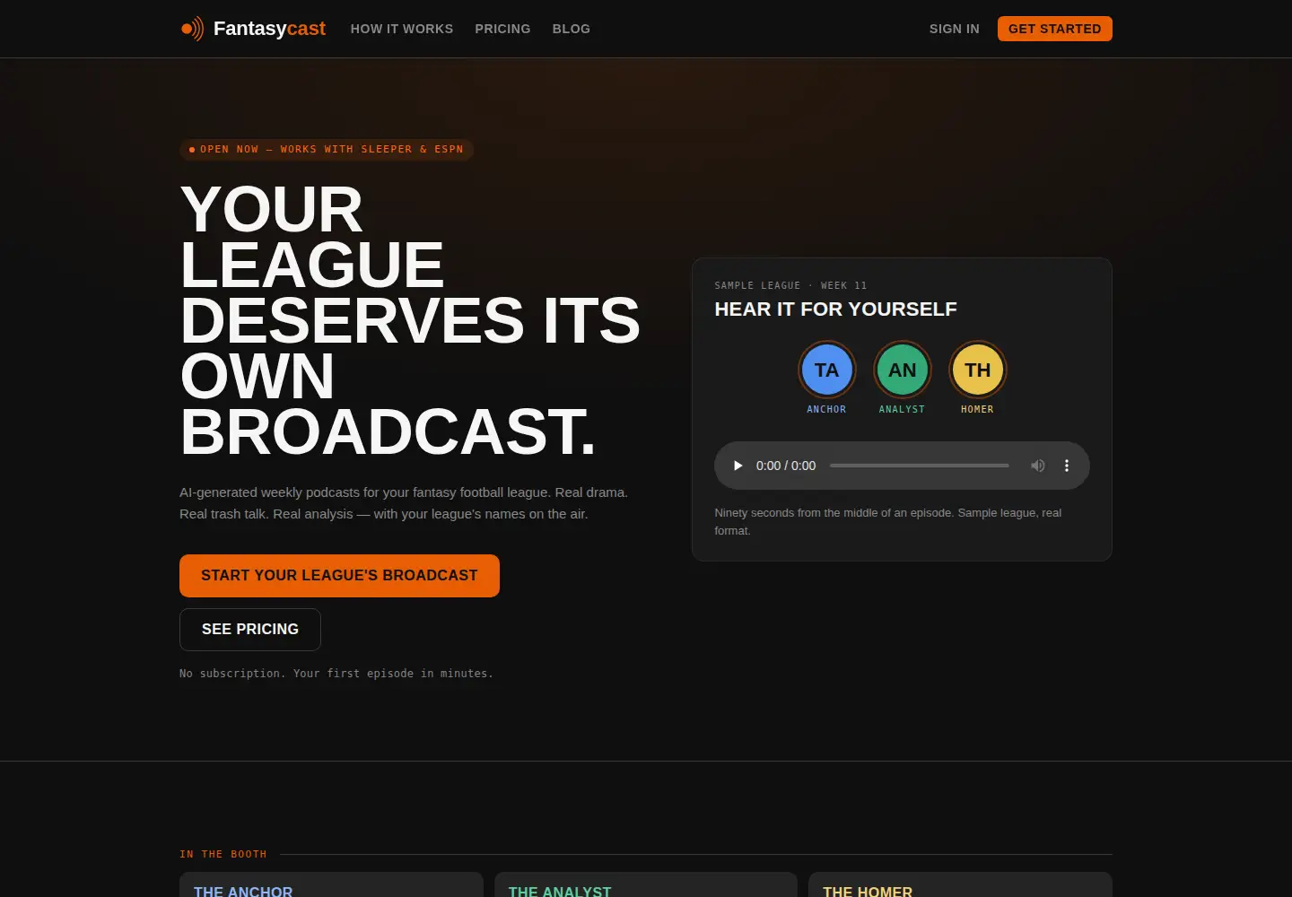 Captured homepage of getfantasycast.com in the current scan