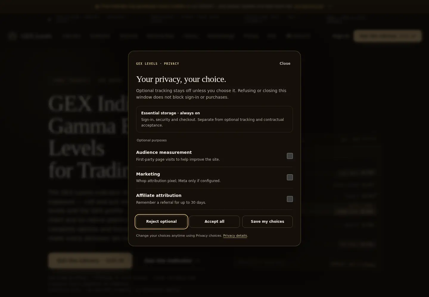 Captured homepage of gex-levels.com in the current scan
