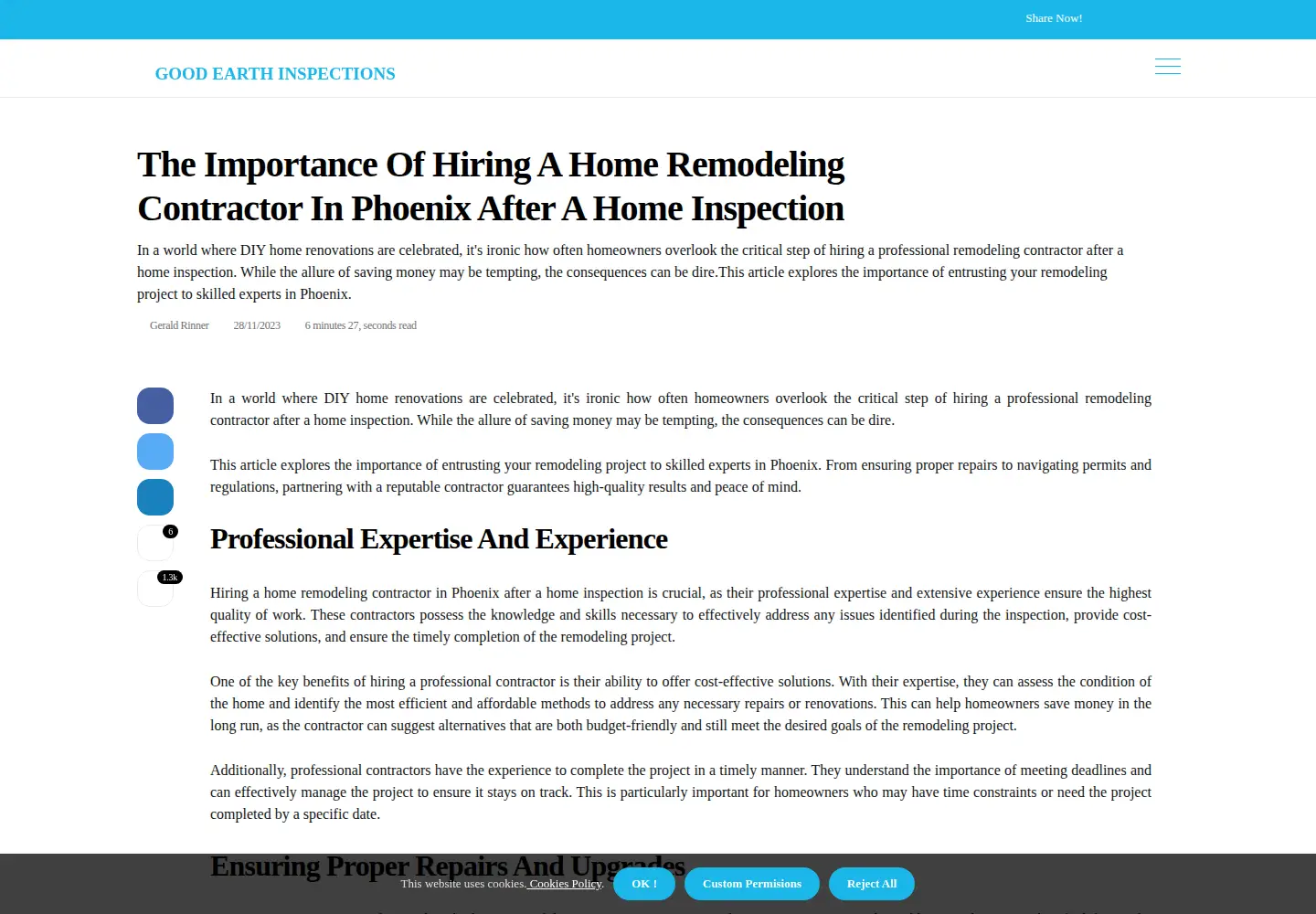 Captured homepage of goodearthinspections.com in the current scan