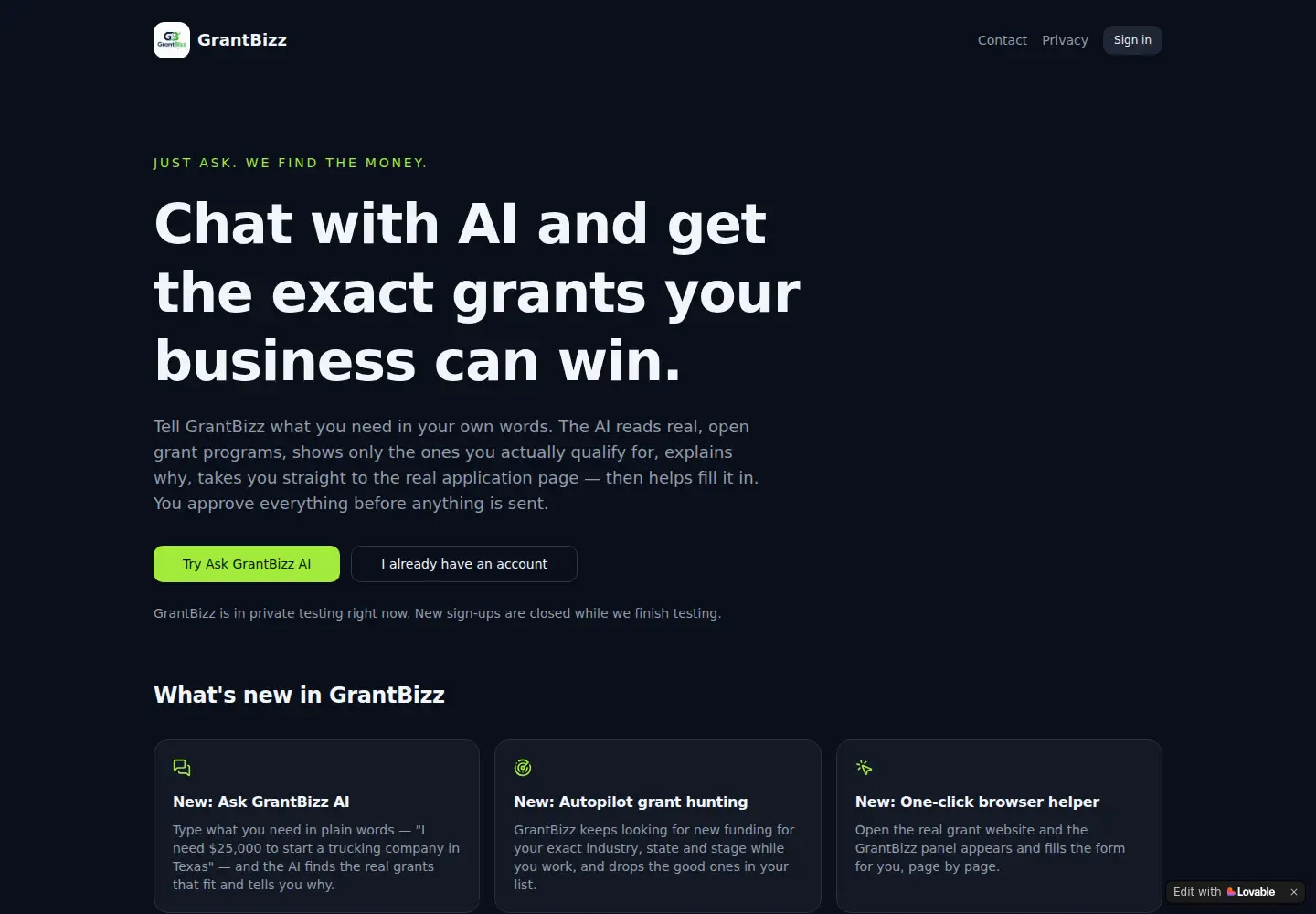 Captured homepage of grantbizz.com in the current scan