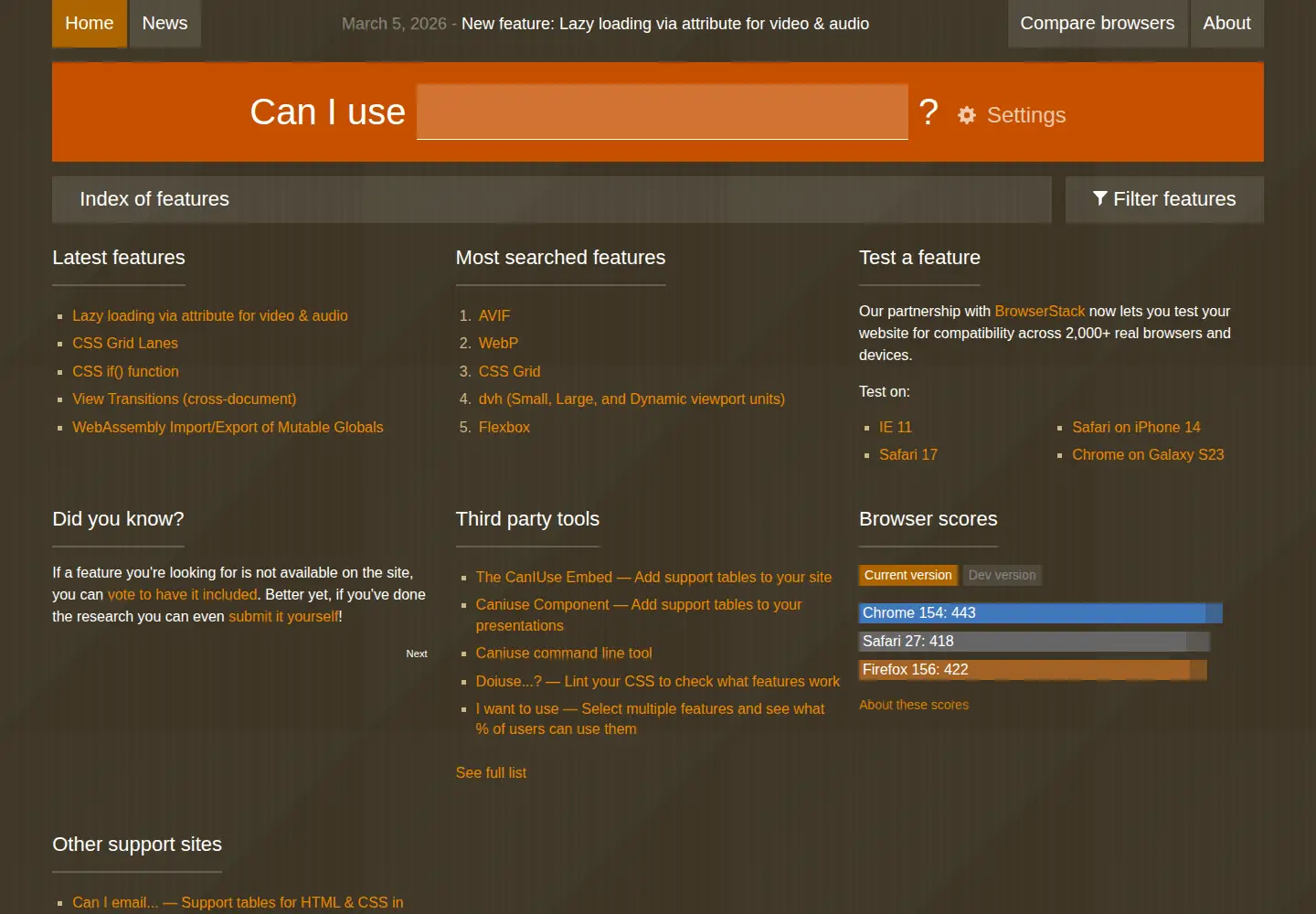 Screenshot of caniuse.com