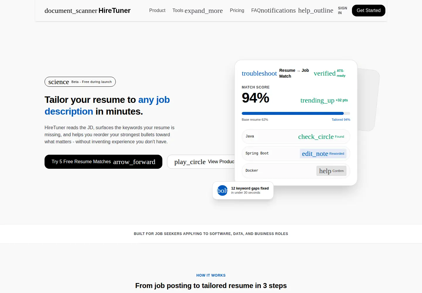 Screenshot of hiretuner.com