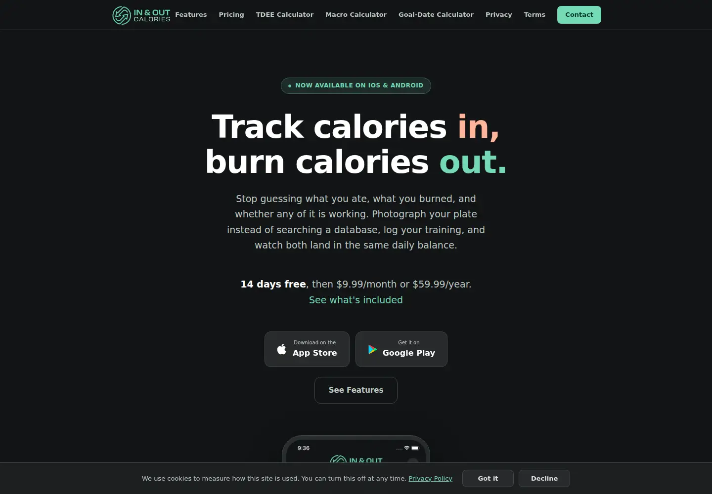 Screenshot of inandoutcalories.com
