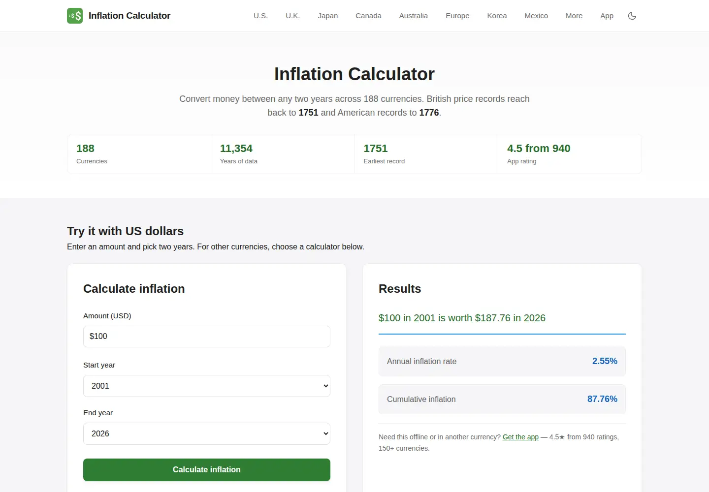Screenshot of inflationcalculatorpro.com