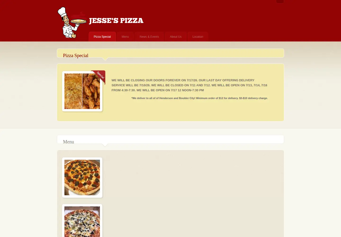 Screenshot of jessespizza.com