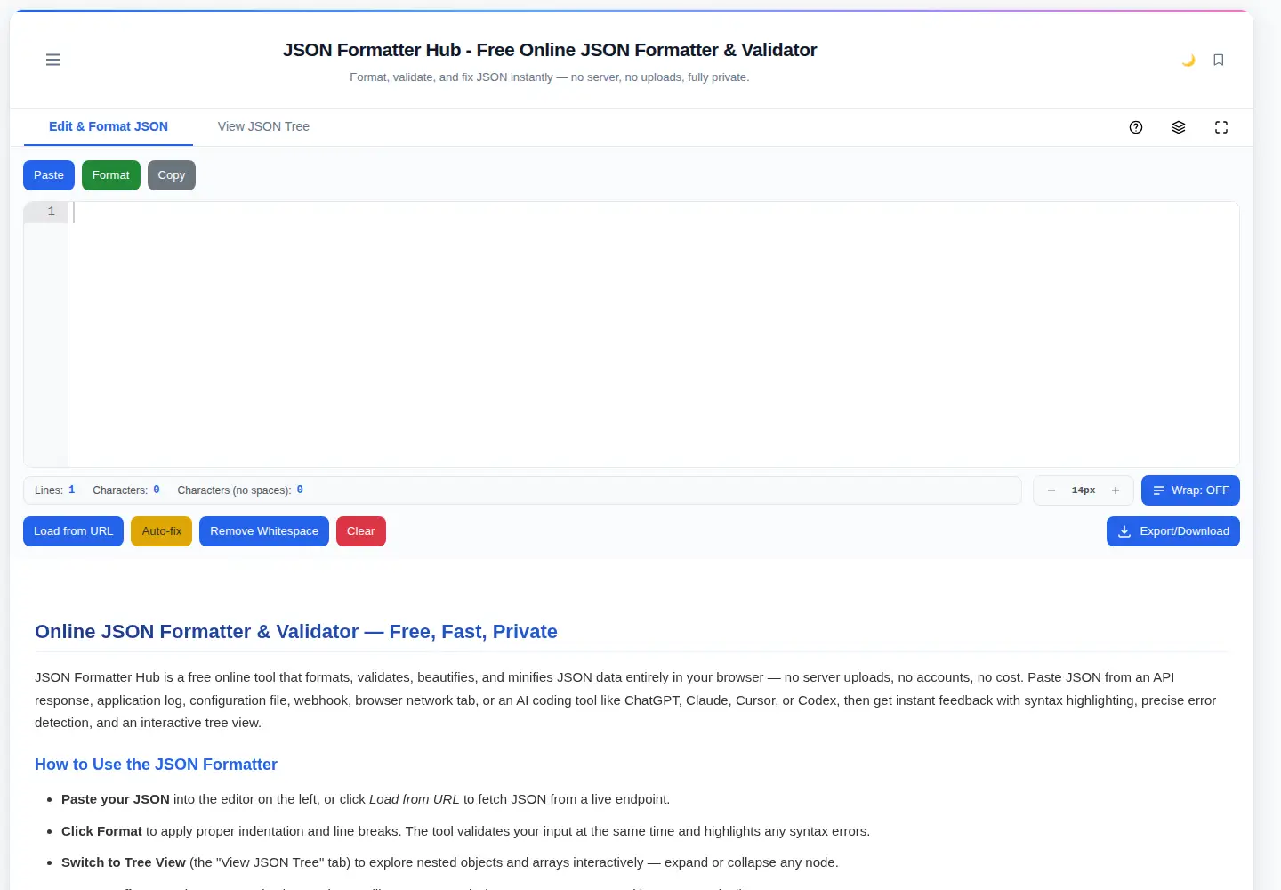 Captured homepage of jsonformatterhub.com in the current scan