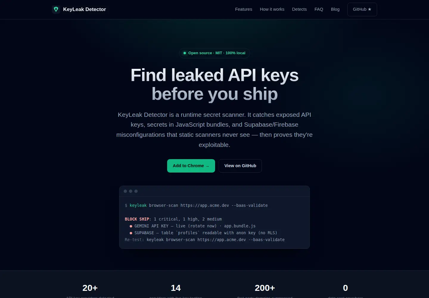 Captured homepage of keyleakdetector.com in the current scan