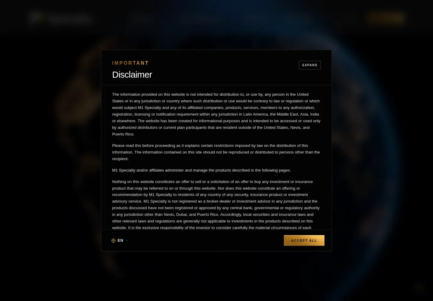 Captured homepage of m1specialty.com in the current scan