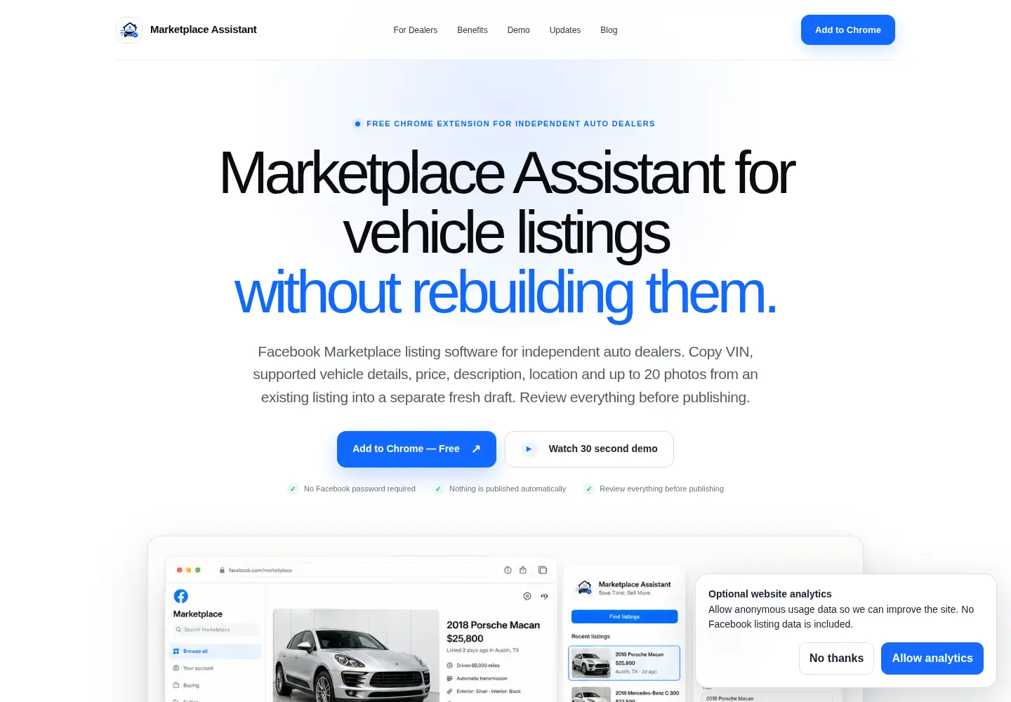 Captured homepage of marketplace-assistant.com in the current scan