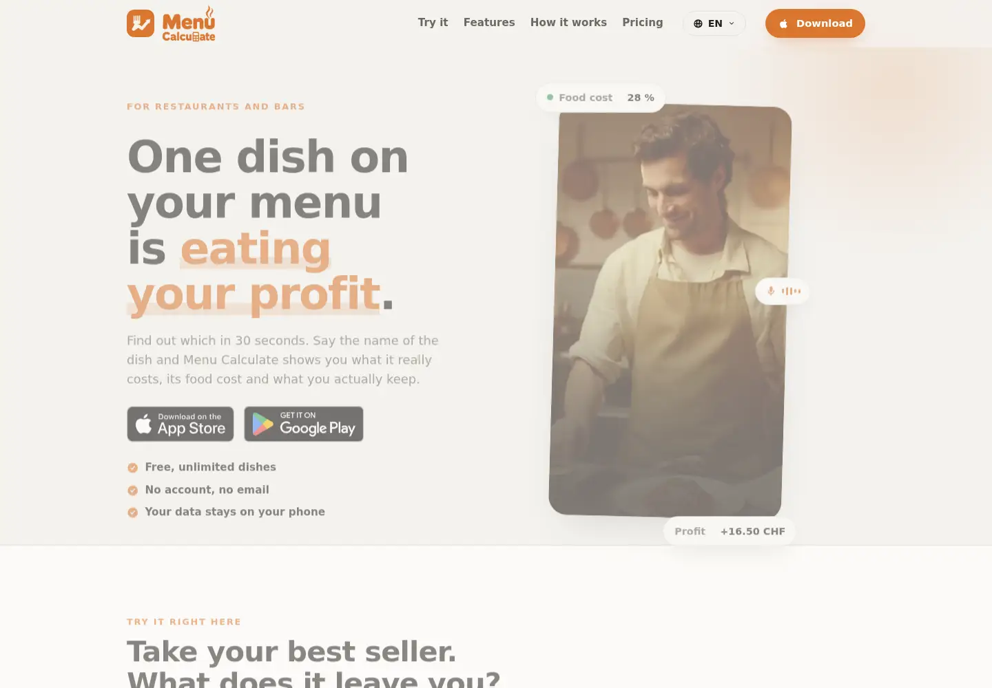 Screenshot of menu-calculate.com