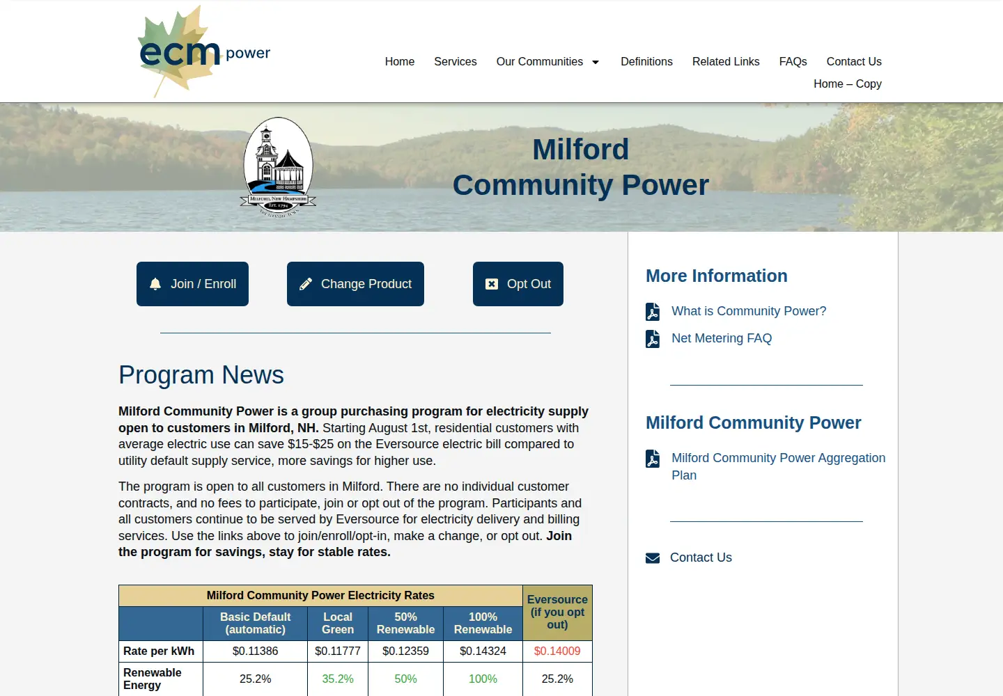 Captured homepage of milfordcommunitypower.com in the current scan