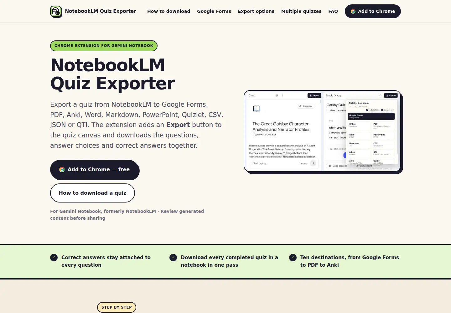 Screenshot of notebooklmquizexporter.com